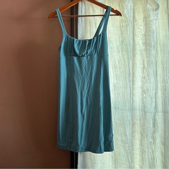 Aritzia Wilfed Free Orbit Mini Dress Ruched Sea Green Blue Sleeveless Stretch M - Picture 1 of 6